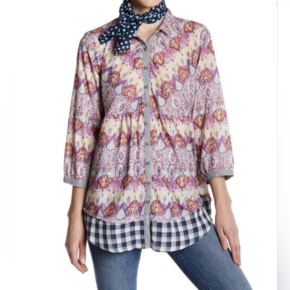 ARATTA SILENT JOURNEY blouse, mixed print, bohemian, size M, flowy, button down